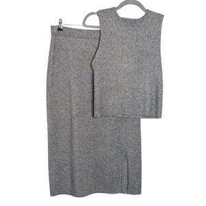 A New Day Skirt Set Womens Large Silver Metallic Knit Sleeveless Top Midi Skirt